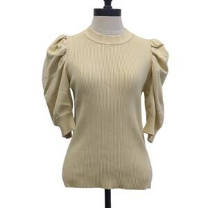 en saison pastel yellow knit short sleeve sweater puff sleeve size Large